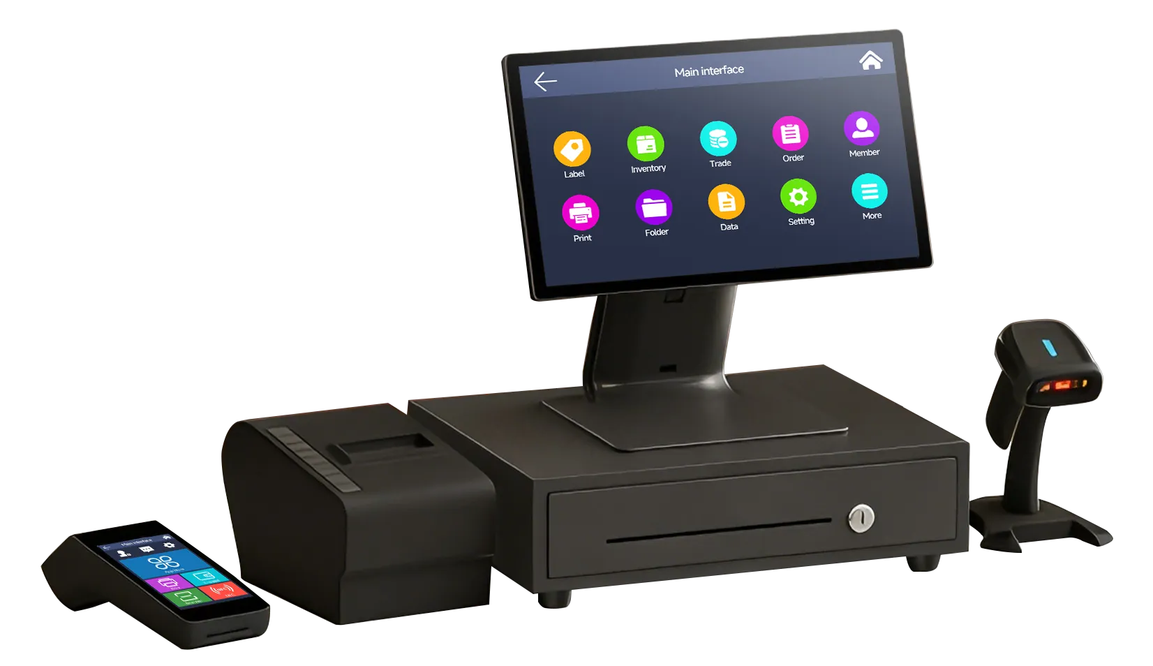 asasii K1 with printer, cash drawer, scanner, and payment terminal
